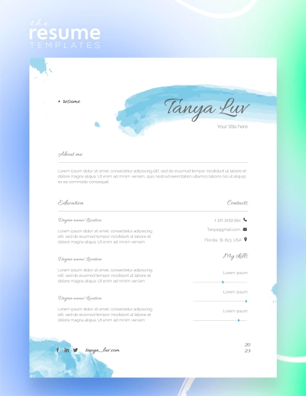 Free Creative Blue Watercolor Brush Resume Template in Google Docs and Word